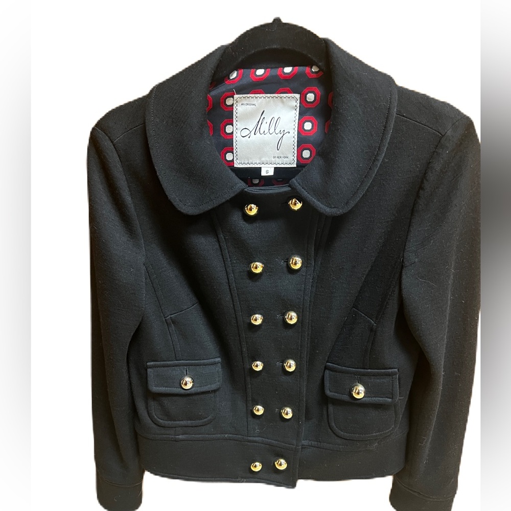 Milly Black Designer Coat w/ Gold Buttons – Size Small
